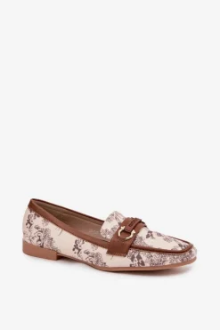 Best Boto Wzorzyste Mokasyny Loafersy Damskie Z Ozdobnym Elementem Beżowo-Brązowe Evelora