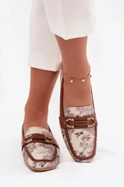 Best Boto Wzorzyste Mokasyny Loafersy Damskie Z Ozdobnym Elementem Beżowo-Brązowe Evelora
