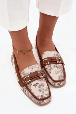 Best Boto Wzorzyste Mokasyny Loafersy Damskie Z Ozdobnym Elementem Beżowo-Brązowe Evelora