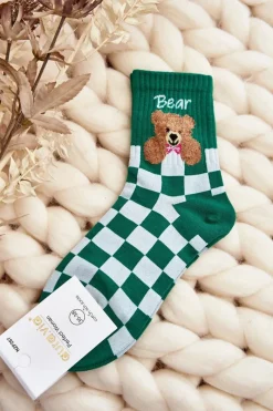 Online Wzorzyste Skarpety Damskie Z Misiem Zielone Skarpetki|Skarpetki