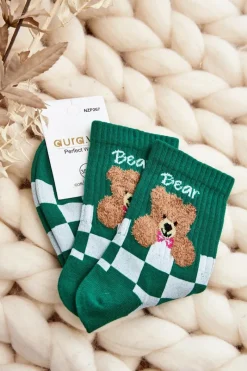 Online Wzorzyste Skarpety Damskie Z Misiem Zielone Skarpetki|Skarpetki