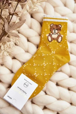 Aura.via Wzorzyste Skarpety Damskie Z Misiem Żółte