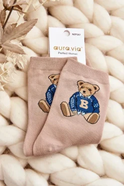 Discount Wzorzyste Skarpety Damskie Z Misiami Beżowe Skarpetki|Skarpetki