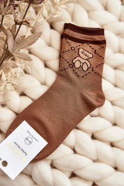 Skarpetki|Skarpetki>Aura.via Wzorzyste Skarpety Damskie Z Misiem Brązowe