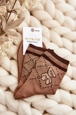 Skarpetki|Skarpetki>Aura.via Wzorzyste Skarpety Damskie Z Misiem Brązowe