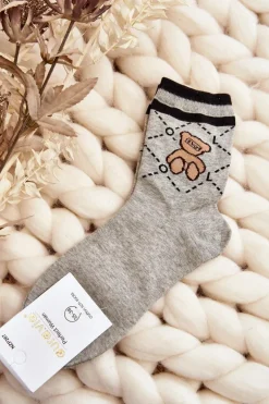 Outlet Wzorzyste Skarpety Damskie Z Misiem Szare Skarpetki|Skarpetki
