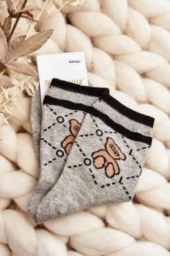 Outlet Wzorzyste Skarpety Damskie Z Misiem Szare Skarpetki|Skarpetki