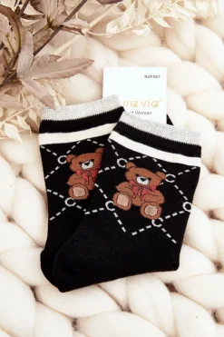 Skarpetki|Skarpetki>Aura.via Wzorzyste Skarpety Damskie Z Misiami Czarne