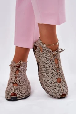 Outlet Wzorzyste Skórzane Botki 03426-49 Panterka Damskie Sandały Płaskie|Botki Wiosenne