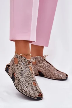 Outlet Wzorzyste Skórzane Botki 03426-49 Panterka Damskie Sandały Płaskie|Botki Wiosenne