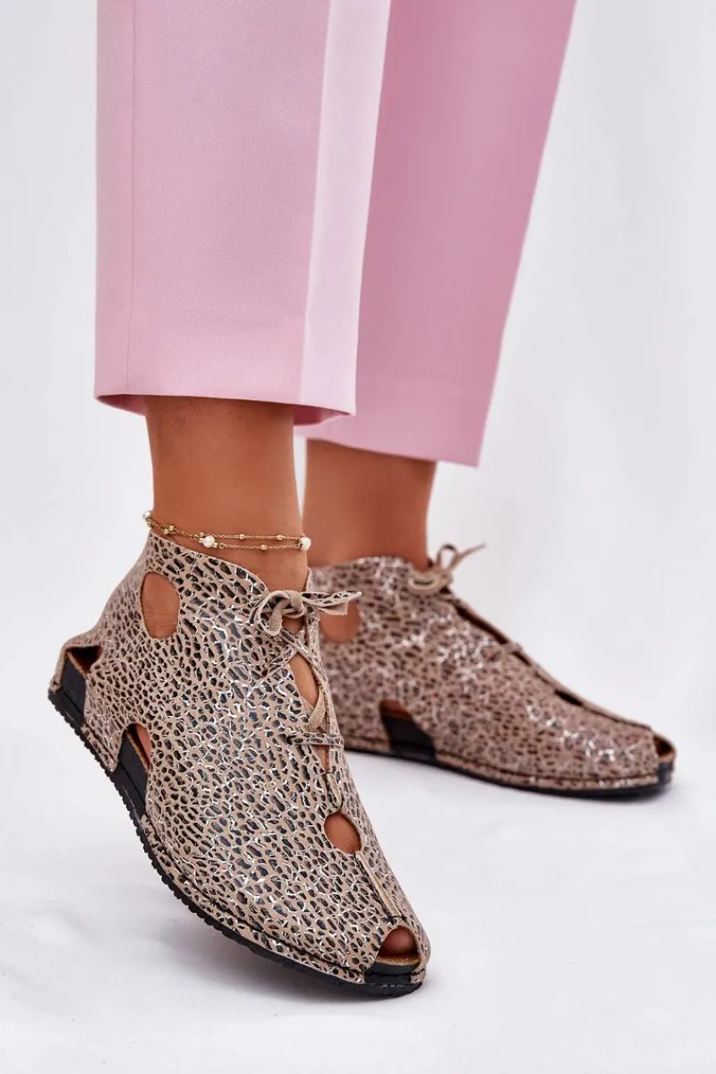 Outlet Wzorzyste Skórzane Botki 03426-49 Panterka Damskie Sandały Płaskie|Botki Wiosenne