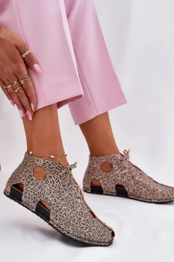 Outlet Wzorzyste Skórzane Botki 03426-49 Panterka Damskie Sandały Płaskie|Botki Wiosenne