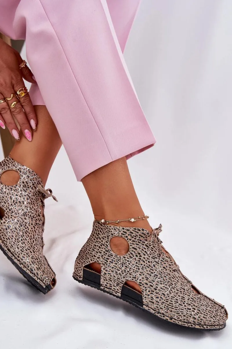 Outlet Wzorzyste Skórzane Botki 03426-49 Panterka Damskie Sandały Płaskie|Botki Wiosenne