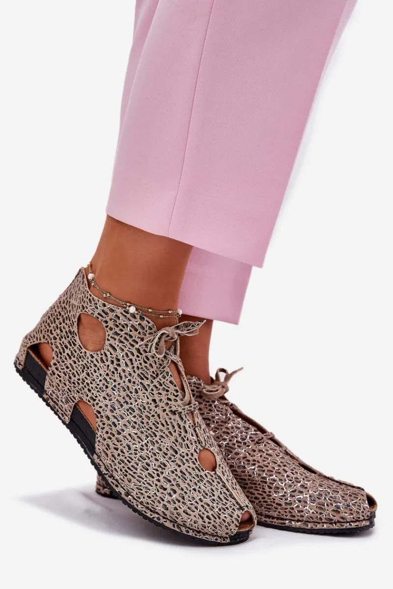 Outlet Wzorzyste Skórzane Botki 03426-49 Panterka Damskie Sandały Płaskie|Botki Wiosenne