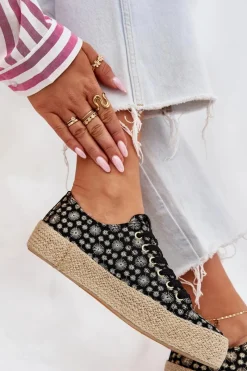 Trampki Damskie Niskie></noscript>Lee Cooper Wzorzyste Trampki Damskie Na Platformie Z Plecionką LCW-25-08-3647L Czarne Czarny