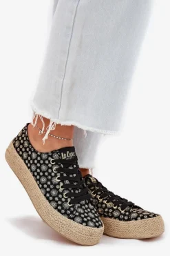 Trampki Damskie Niskie></noscript>Lee Cooper Wzorzyste Trampki Damskie Na Platformie Z Plecionką LCW-25-08-3647L Czarne Czarny