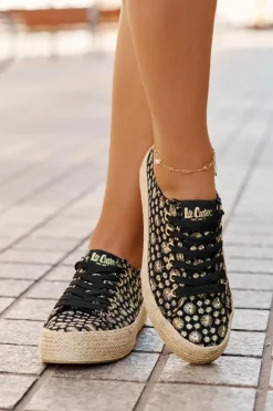 Trampki Damskie Niskie></noscript>Lee Cooper Wzorzyste Trampki Damskie Na Platformie Z Plecionką LCW-25-08-3647L Czarne Czarny