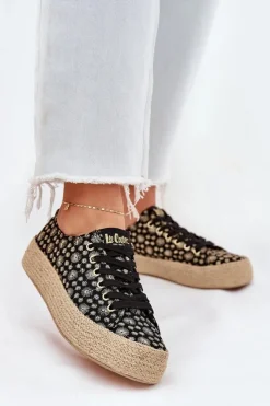 Trampki Damskie Niskie></noscript>Lee Cooper Wzorzyste Trampki Damskie Na Platformie Z Plecionką LCW-25-08-3647L Czarne Czarny