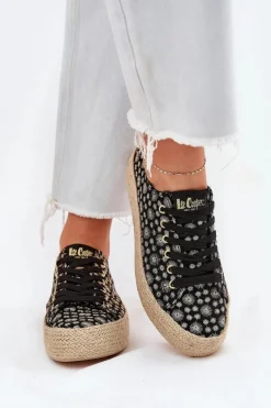 Trampki Damskie Niskie></noscript>Lee Cooper Wzorzyste Trampki Damskie Na Platformie Z Plecionką LCW-25-08-3647L Czarne Czarny