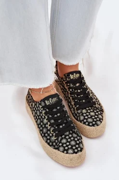 Trampki Damskie Niskie></noscript>Lee Cooper Wzorzyste Trampki Damskie Na Platformie Z Plecionką LCW-25-08-3647L Czarne Czarny