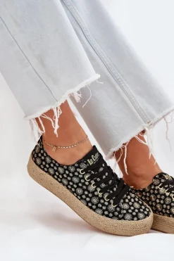 Trampki Damskie Niskie></noscript>Lee Cooper Wzorzyste Trampki Damskie Na Platformie Z Plecionką LCW-25-08-3647L Czarne Czarny