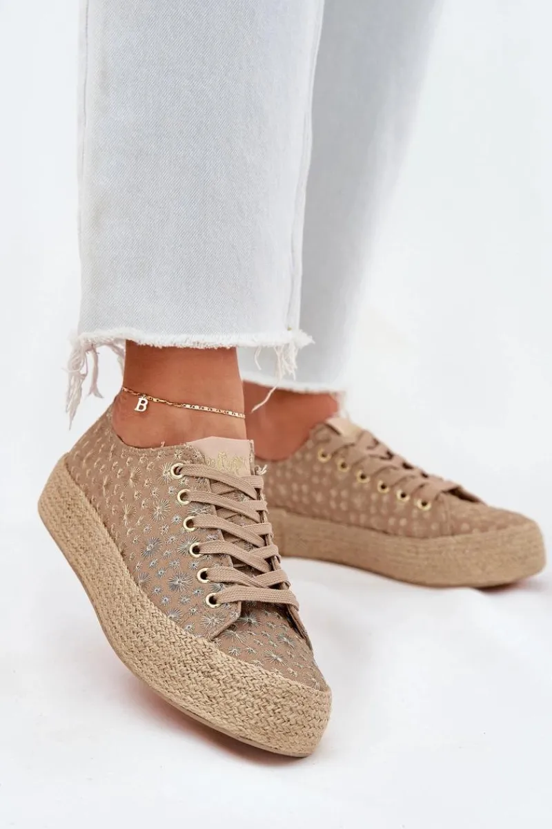 Lee Cooper Wzorzyste Trampki Damskie Na Platformie Z Plecionką LCW-25-08-3646L Khaki Beżowy