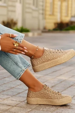 Lee Cooper Wzorzyste Trampki Damskie Na Platformie Z Plecionką LCW-25-08-3646L Khaki Beżowy