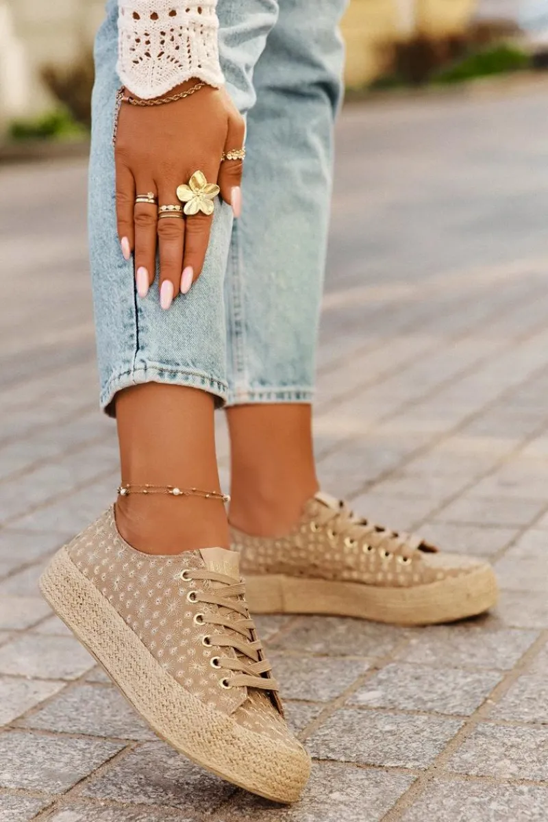 Lee Cooper Wzorzyste Trampki Damskie Na Platformie Z Plecionką LCW-25-08-3646L Khaki Beżowy