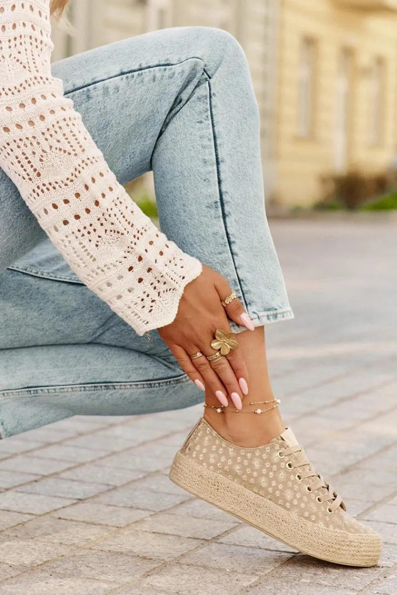 Lee Cooper Wzorzyste Trampki Damskie Na Platformie Z Plecionką LCW-25-08-3646L Khaki Beżowy