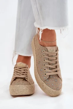 Lee Cooper Wzorzyste Trampki Damskie Na Platformie Z Plecionką LCW-25-08-3646L Khaki Beżowy