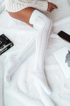 Sale Zakolanówki Damskie Ażurowe Warkocz Białe Skarpetki|Skarpetki