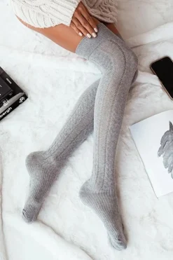 Zakolanówki Damskie Ażurowe Warkocz Szare Skarpetki|Skarpetki