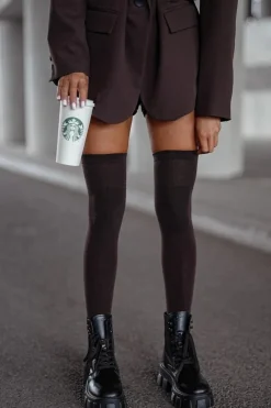 Outlet Milena Zakolanówki Damskie Bawełniane Gładkie Czekoladowe Brązowy