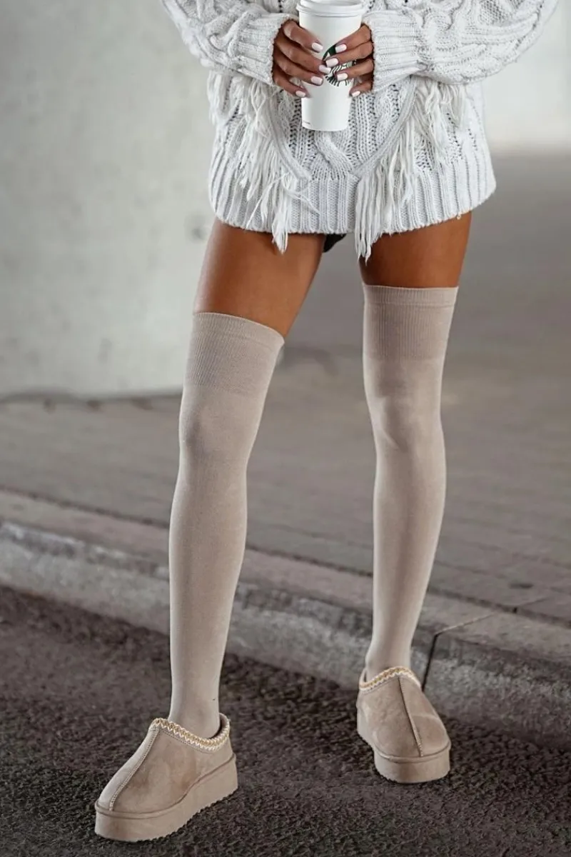 Zakolanówki Damskie Bawełniane Gładkie Beżowe Skarpetki|Skarpetki