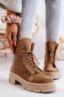 Botki Wiosenne|Botki Sznurowane>Boto Zamszowe Ażurowe Botki Camel Aileen