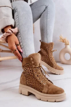 Botki Wiosenne|Botki Sznurowane>Boto Zamszowe Ażurowe Botki Camel Aileen