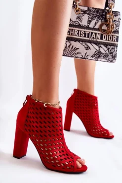Hot Zamszowe Ażurowe Botki Czerwone Jenissa Damskie Botki Wiosenne|Botki Na Słupku