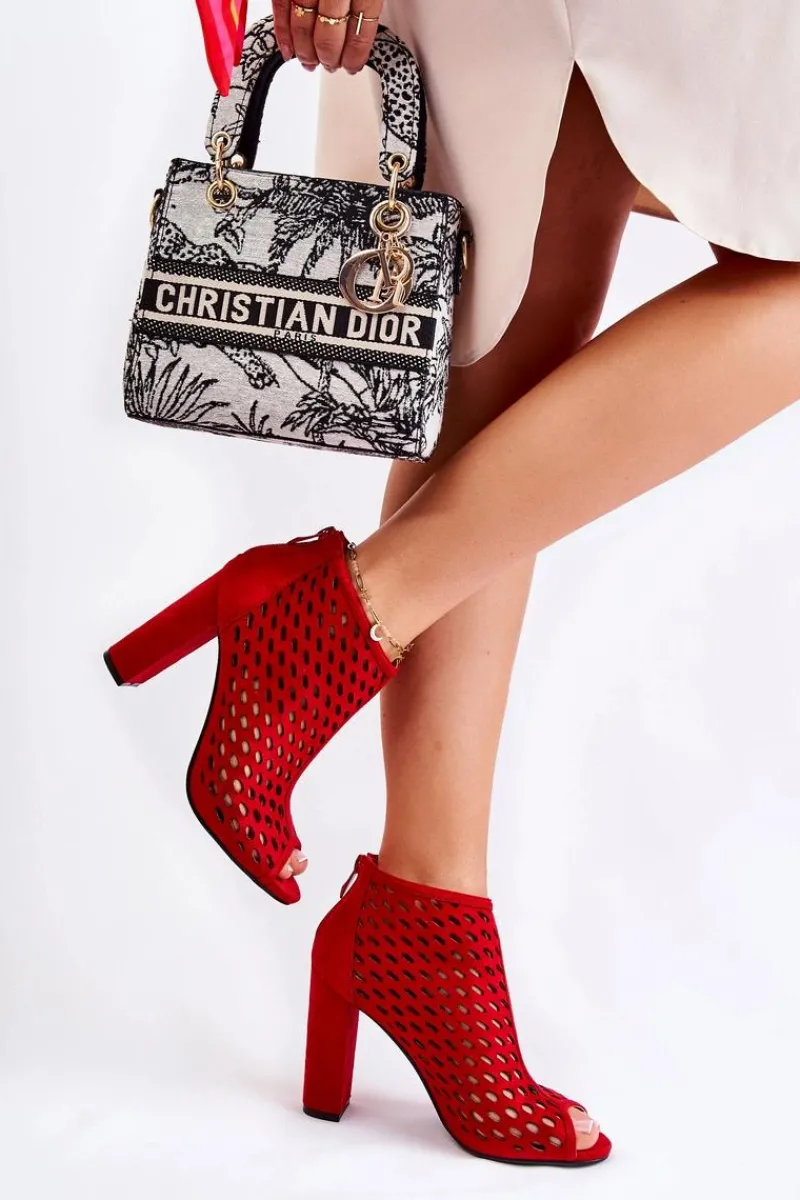 Hot Zamszowe Ażurowe Botki Czerwone Jenissa Damskie Botki Wiosenne|Botki Na Słupku