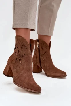 Online Zazoo Zamszowe Ażurowe Botki Damskie Na Słupku 3647 Brązowe Brązowy