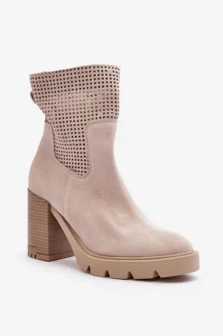 Best Boto Zamszowe Ażurowe Botki Damskie Na Słupku Jasnobeżowe Lewski 3386 Beżowy