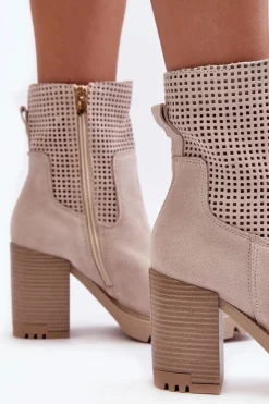 Best Boto Zamszowe Ażurowe Botki Damskie Na Słupku Jasnobeżowe Lewski 3386 Beżowy