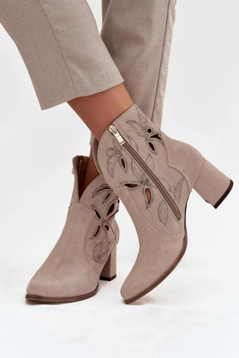 Botki Skórzane|Botki Na Słupku>Zazoo Zamszowe Ażurowe Botki Damskie Na Słupku 3647 Cappuccino Beżowy