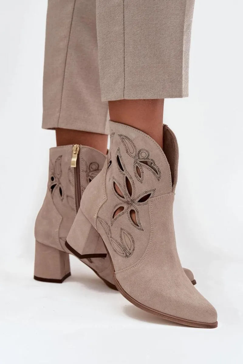 Botki Skórzane|Botki Na Słupku>Zazoo Zamszowe Ażurowe Botki Damskie Na Słupku 3647 Cappuccino Beżowy