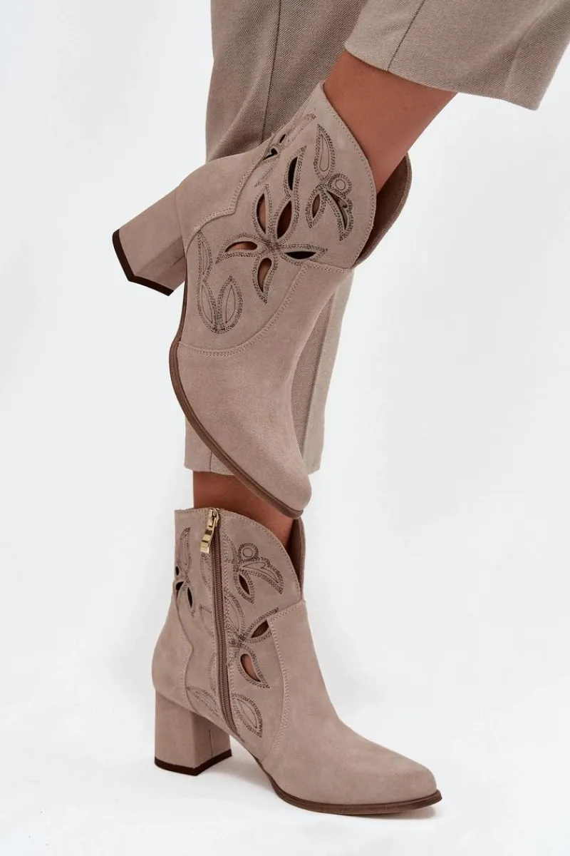 Botki Skórzane|Botki Na Słupku>Zazoo Zamszowe Ażurowe Botki Damskie Na Słupku 3647 Cappuccino Beżowy