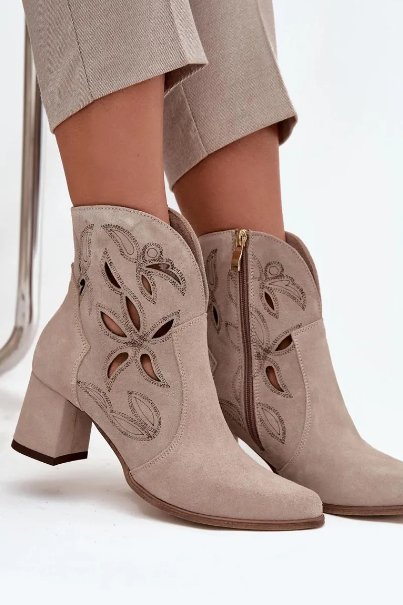 Botki Skórzane|Botki Na Słupku>Zazoo Zamszowe Ażurowe Botki Damskie Na Słupku 3647 Cappuccino Beżowy