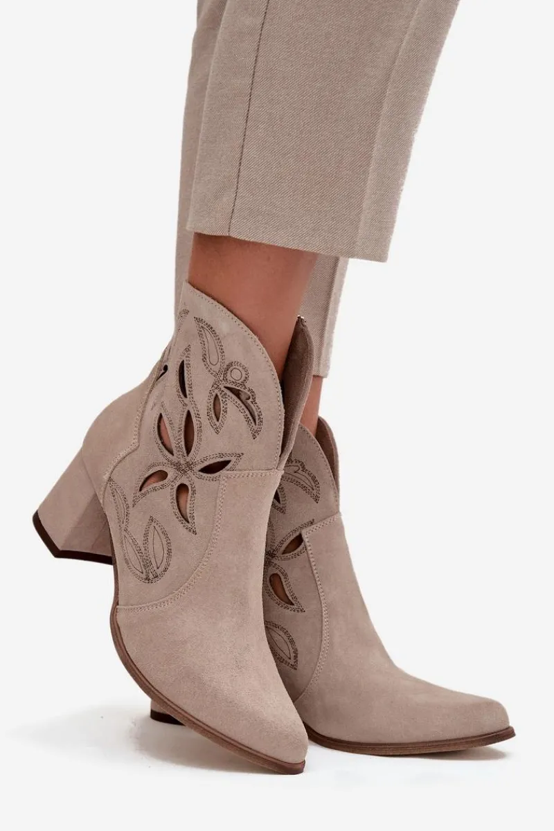 Botki Skórzane|Botki Na Słupku>Zazoo Zamszowe Ażurowe Botki Damskie Na Słupku 3647 Cappuccino Beżowy