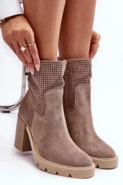 Botki Wiosenne|Botki Skórzane>Boto Zamszowe Ażurowe Botki Damskie Na Słupku Beżowe Lewski 3386