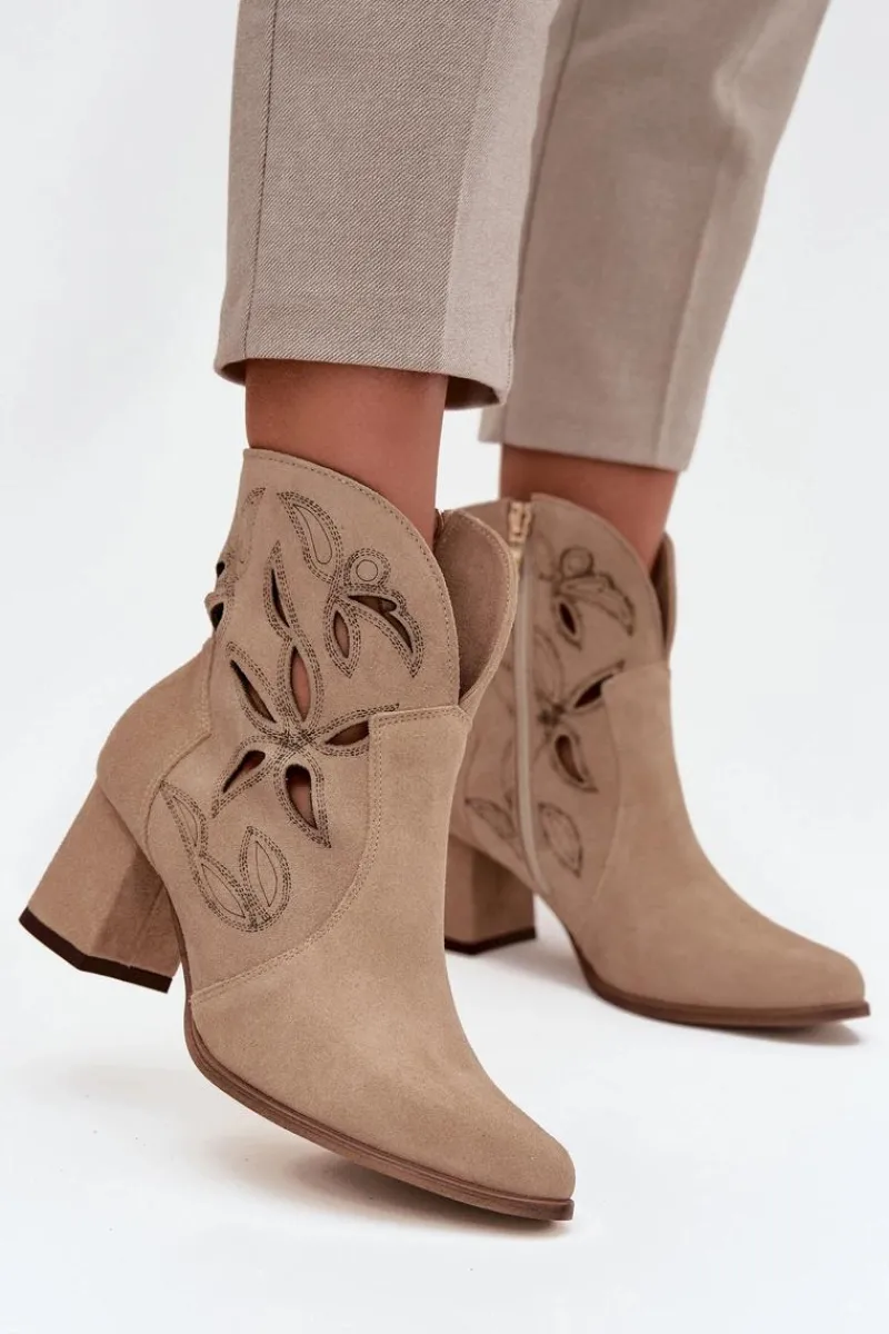 Outlet Zamszowe Ażurowe Botki Damskie Na Słupku 3647 Beżowe Damskie Botki Skórzane|Botki Na Słupku