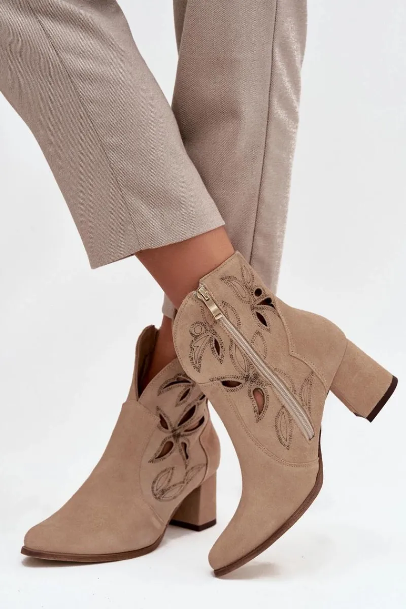 Outlet Zamszowe Ażurowe Botki Damskie Na Słupku 3647 Beżowe Damskie Botki Skórzane|Botki Na Słupku