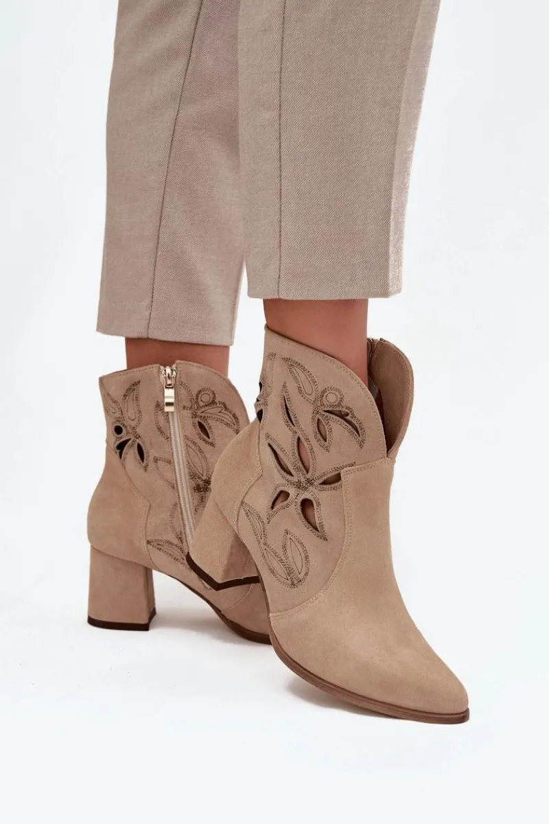 Outlet Zamszowe Ażurowe Botki Damskie Na Słupku 3647 Beżowe Damskie Botki Skórzane|Botki Na Słupku